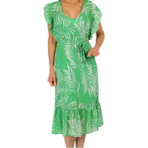NWT! Mlle Gabrielle Woman’s Green & White Tropical Leaf Print Midi Dress. Sz L - Picture 3 of 14